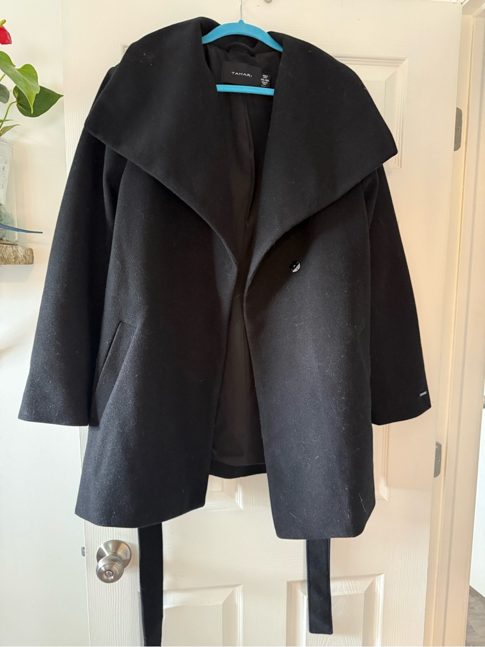 Tahari Black Wool-Blend Belted Wrap Coat
